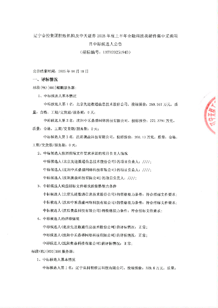 辽宁在线老虎机
控股机构及中天证券2025年度上半年金融科技类硬件集中采购项目中标候选人公告 (招标编号:LNTH2025194D)